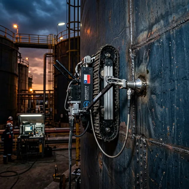 Dron midiendo espesores con ultrasonido en tanque industrial