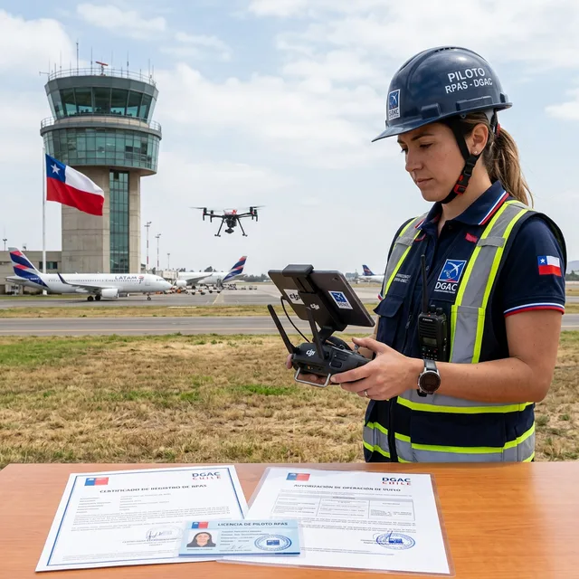 Piloto certificado DGAC operando dron en Chile