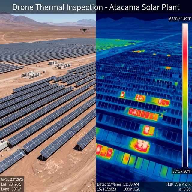 Imagen termográfica de planta solar con hotspots detectados