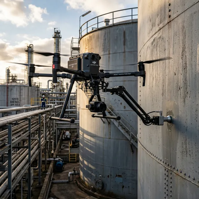 Matrice 400 drone with ultrasonic sensor measuring API 653 tank thickness