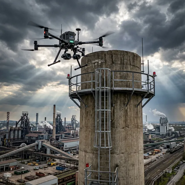 Dron industrial inspeccionando chimenea de planta