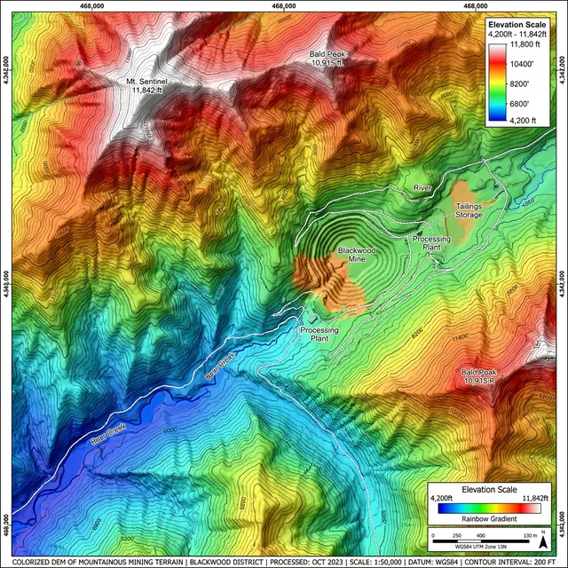 Modelo digital de elevación colorizado de terreno minero