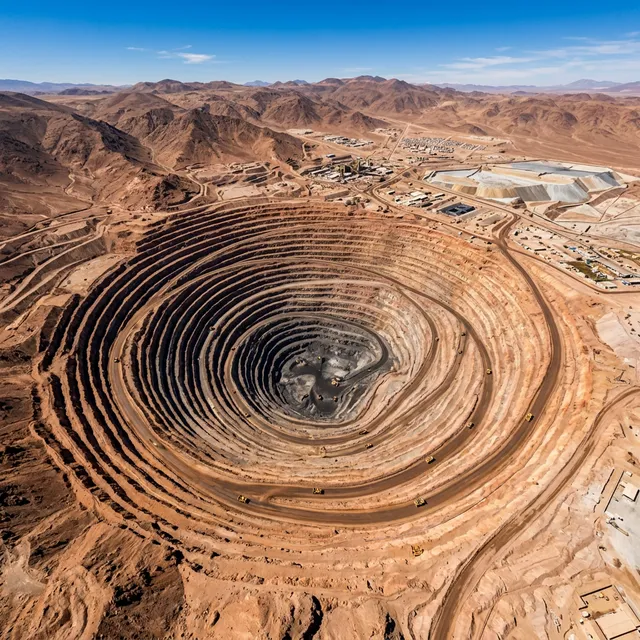 Vista aérea de mina de cobre con levantamiento topográfico