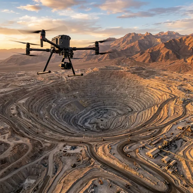 Professional DJI Matrice drone flying over copper mine in Chile