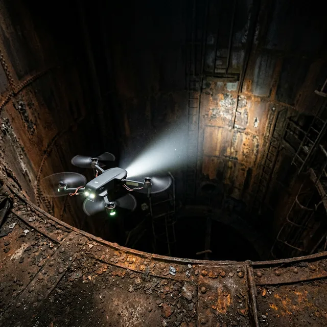 DJI Neo drone with LED lights flying inside industrial silo for inspection