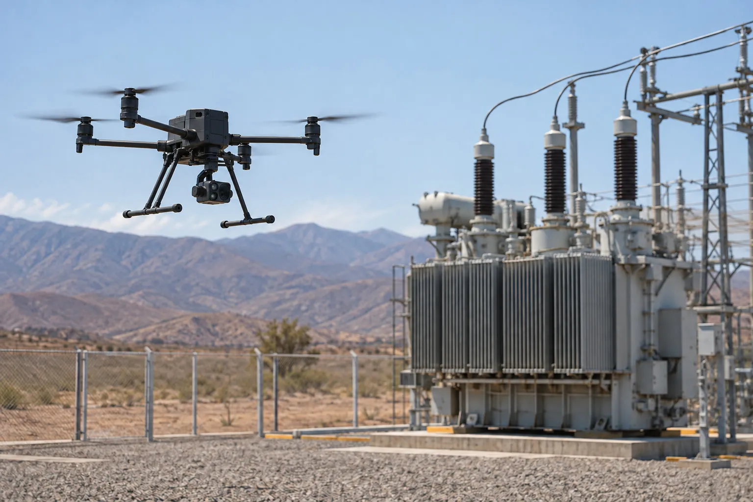 Dron industrial con cámara térmica vuela junto a un transformador en una subestación eléctrica