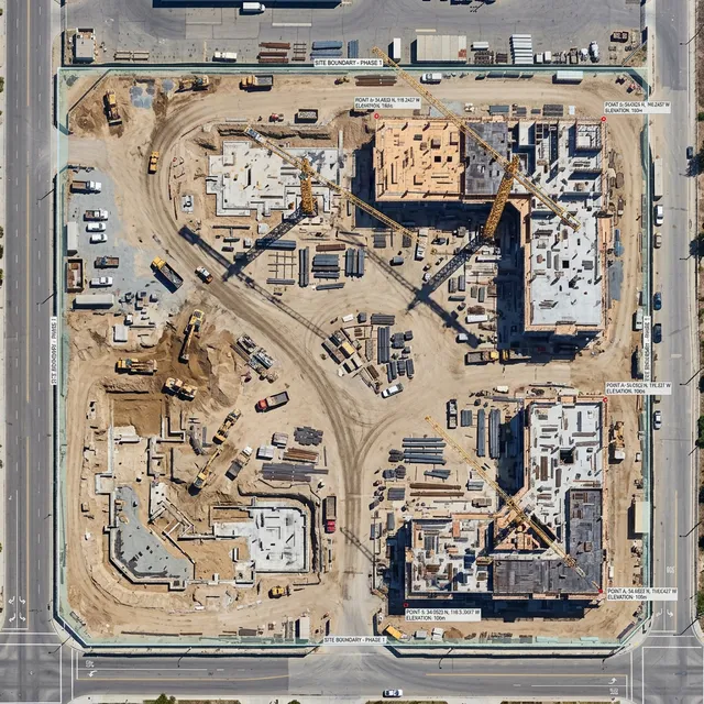 Aerial view of construction site with orthomosaic and GIS markers