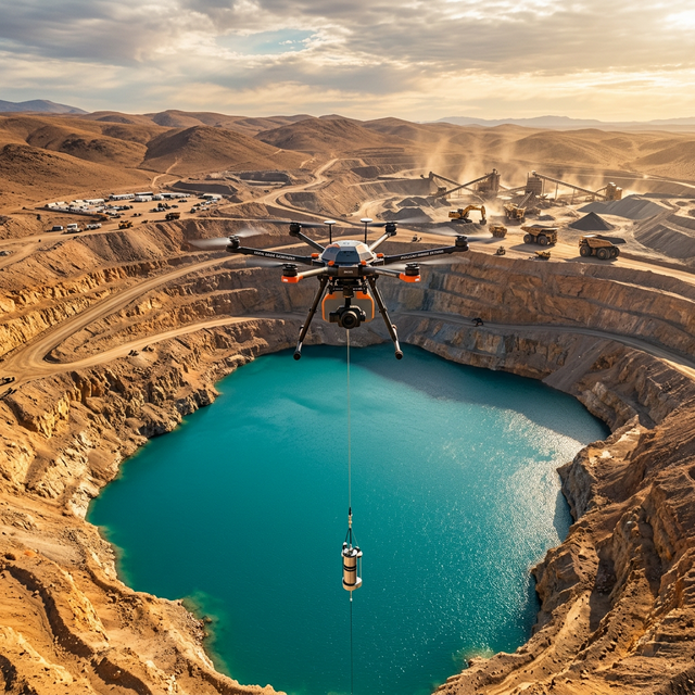 DJI FlyCart 30 drone sampling water in mining pitlake