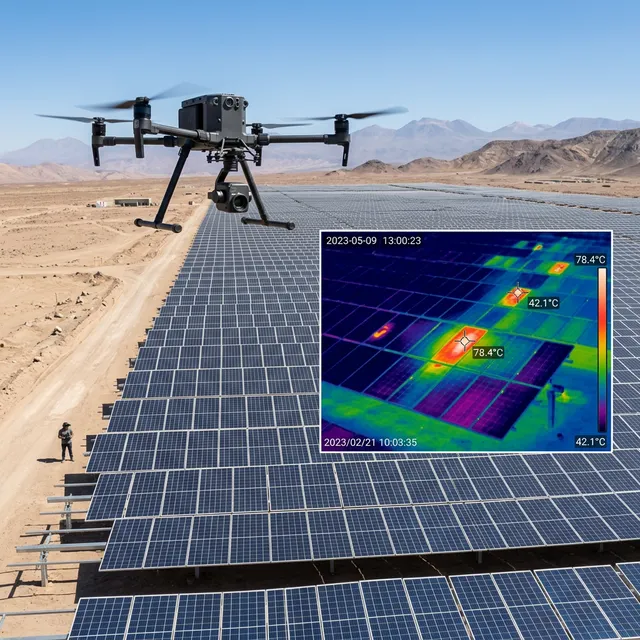 DJI Matrice 4T drone with infrared camera inspecting solar plant