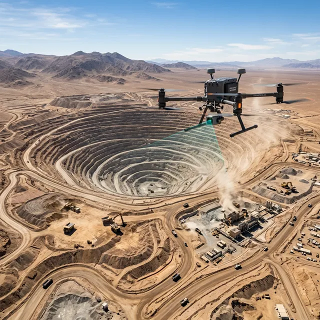 DJI Matrice 400 drone with LiDAR sensor flying over copper mine in Atacama Chile